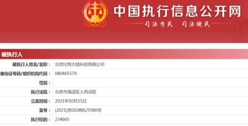 比特大陸新增被執行人信息 執行標的超23萬元，牽涉計算機軟硬件技術開發